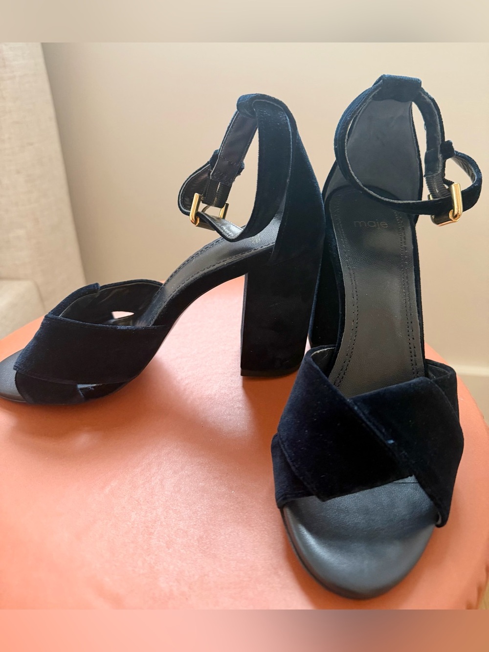 MAJE Navy Blue Velvet Block Heel Sandals with Gold Buckle. NWT